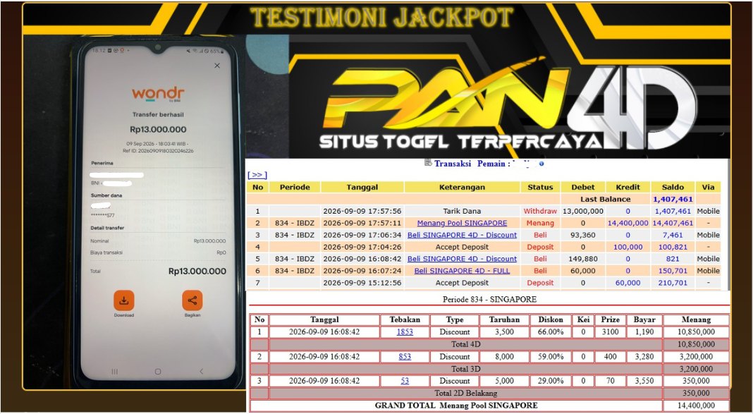 JACKPOT POOL SINGAPORE Rp.13,000,000 - LUNAS